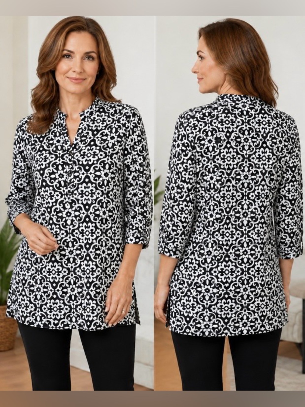 Lulu-B V-Neck Travel Tunic Size S Black & White 3/4 Sleeve Sun Protection SPF 50